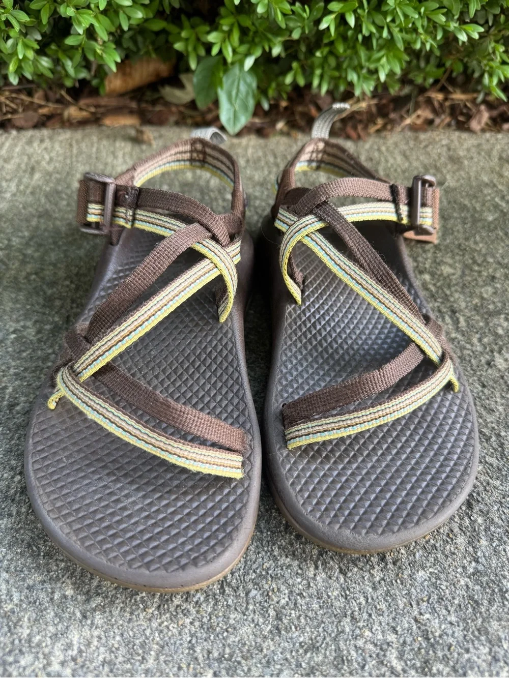Chaco Kids Brown Sandals with Yellow and Green Stripe Size 1 No Toe Strap